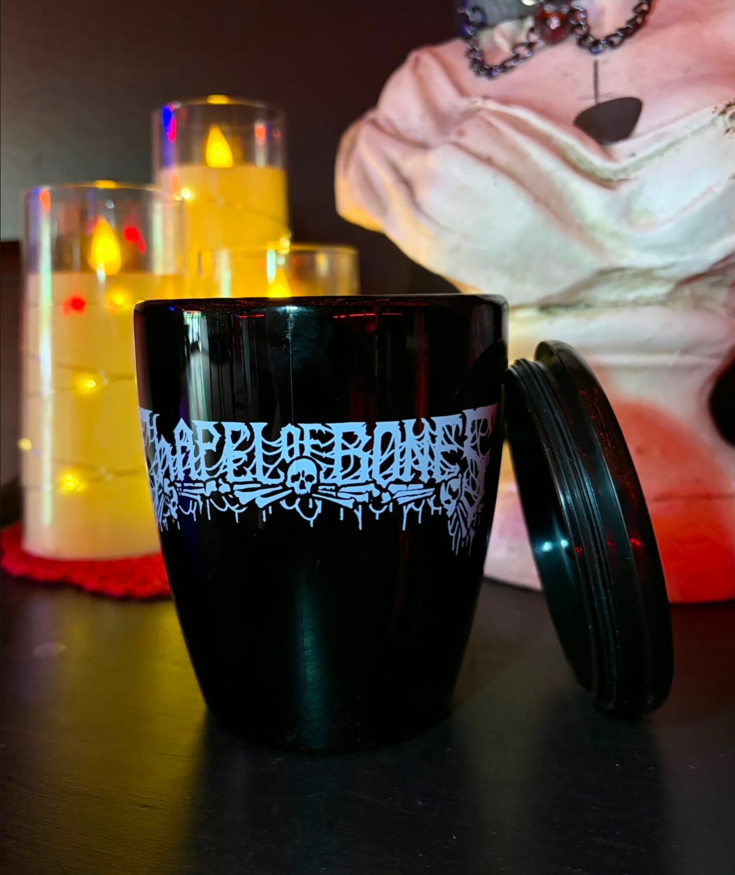 Online Shop Mug with Lid - Chapel of Bones | Raleigh, NC | coffee lounge and extreme music venue in North Carolina