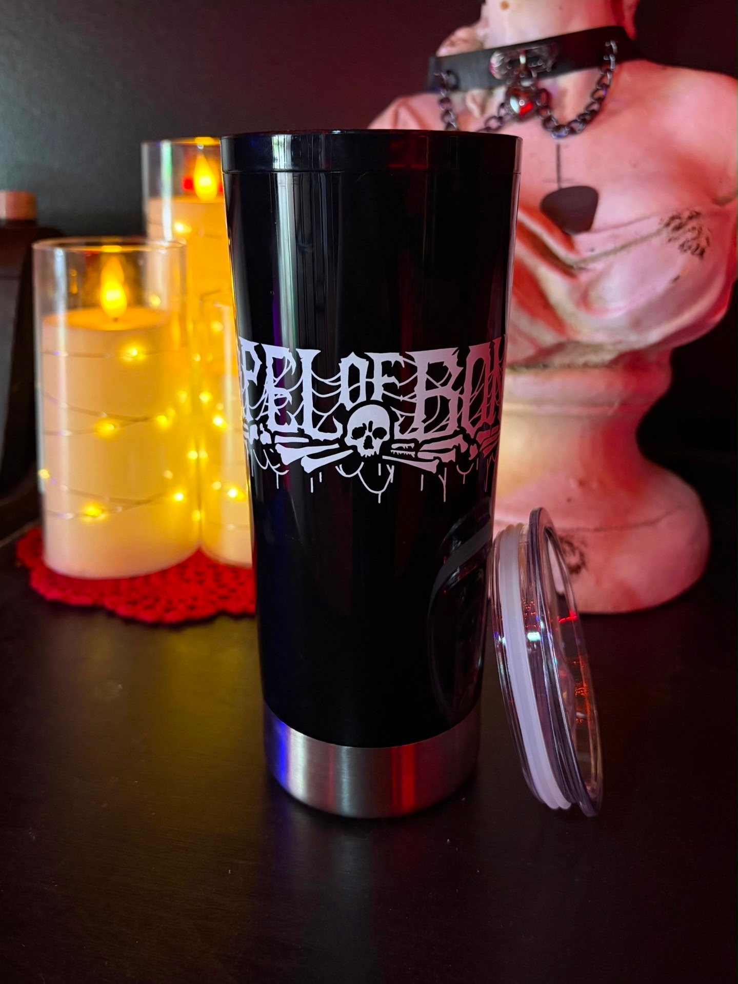 Online Shop Tumbler with Lid - Chapel of Bones | Raleigh, NC | coffee lounge and extreme music venue in North Carolina